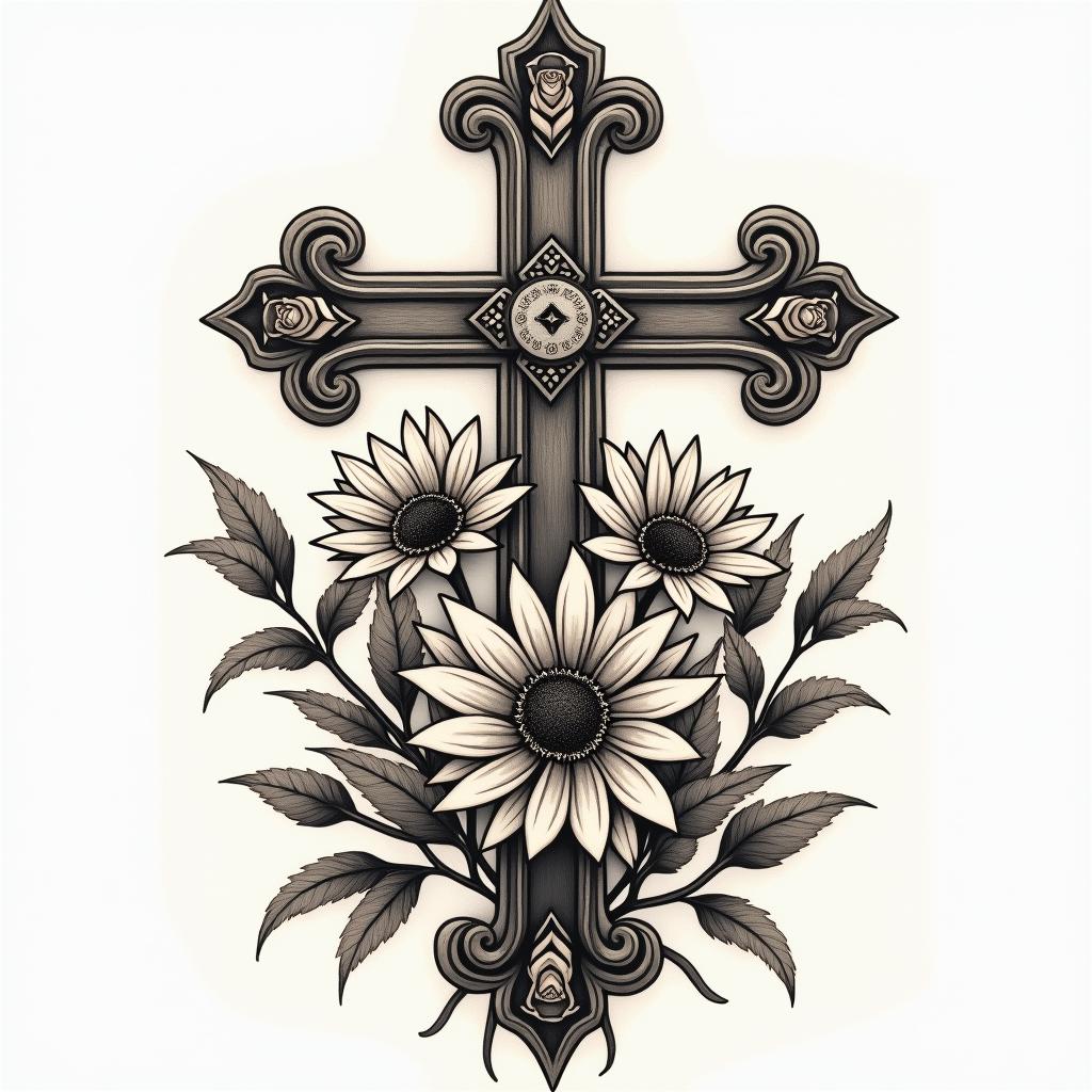 Roses, lillies, sunflowers time and crossesin victorian style tattoo, featuring vintage and elegant elements, ornate frames, roses, antique, sepia-toned color scheme - Variation 3