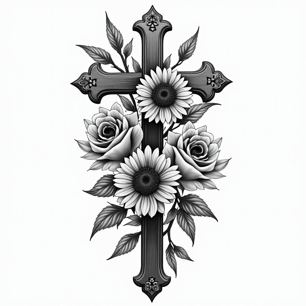 Roses, lillies, sunflowers time and crossesin bohemian style tattoo, 8k - Variation 3