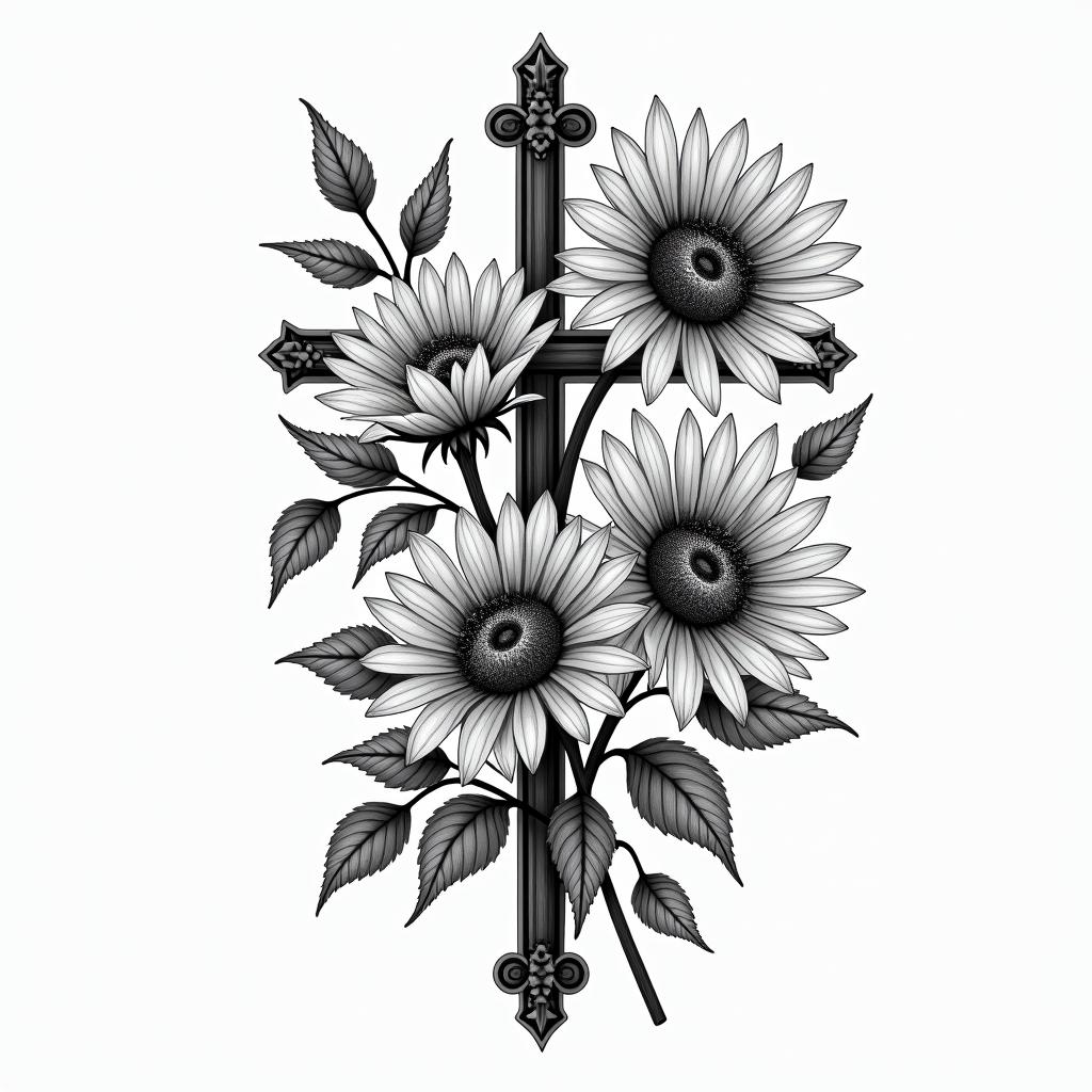 Roses, lillies, sunflowers time and crossesin bohemian style tattoo, 8k - Variation 4