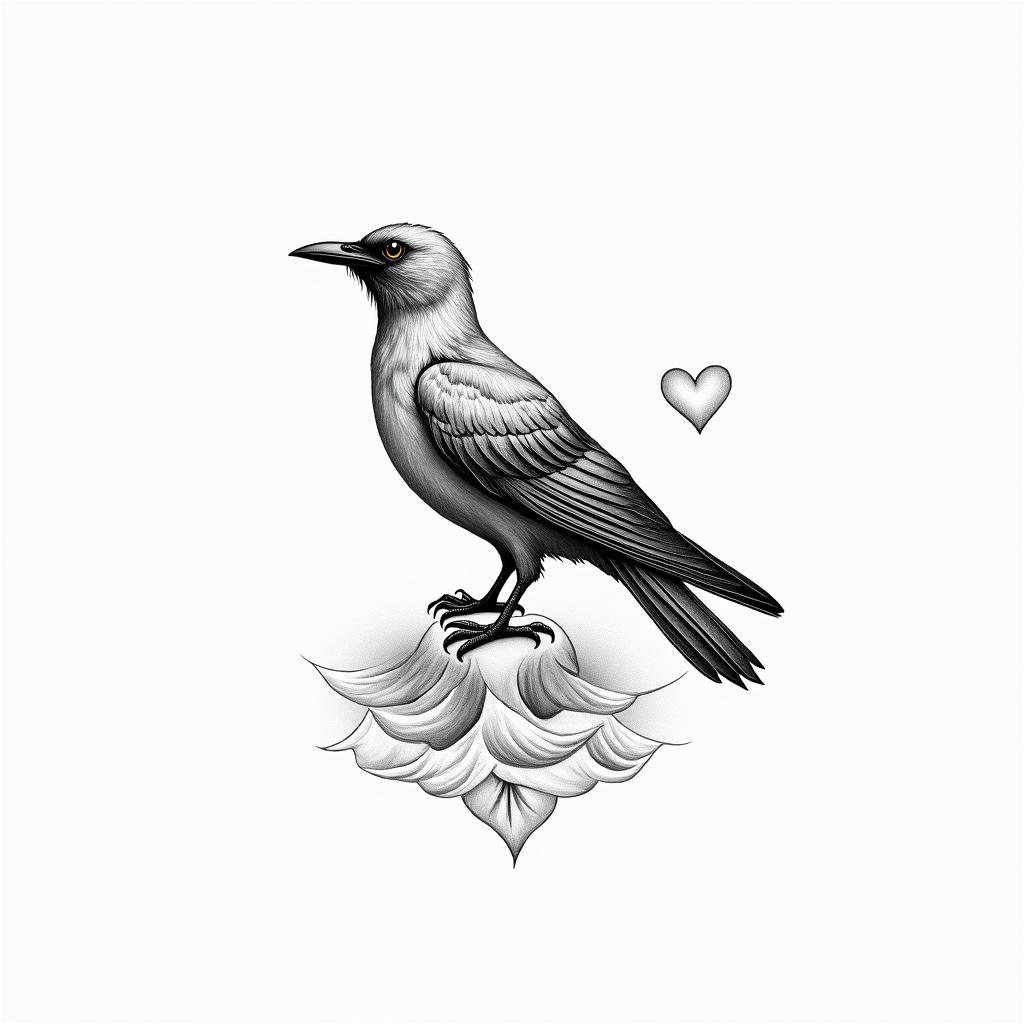 Crowin Modest style tattoo, featuring soft, delicate line work with simple and meaningful symbols, gentle waves, a heart, evoking a sense of serenity and grace,