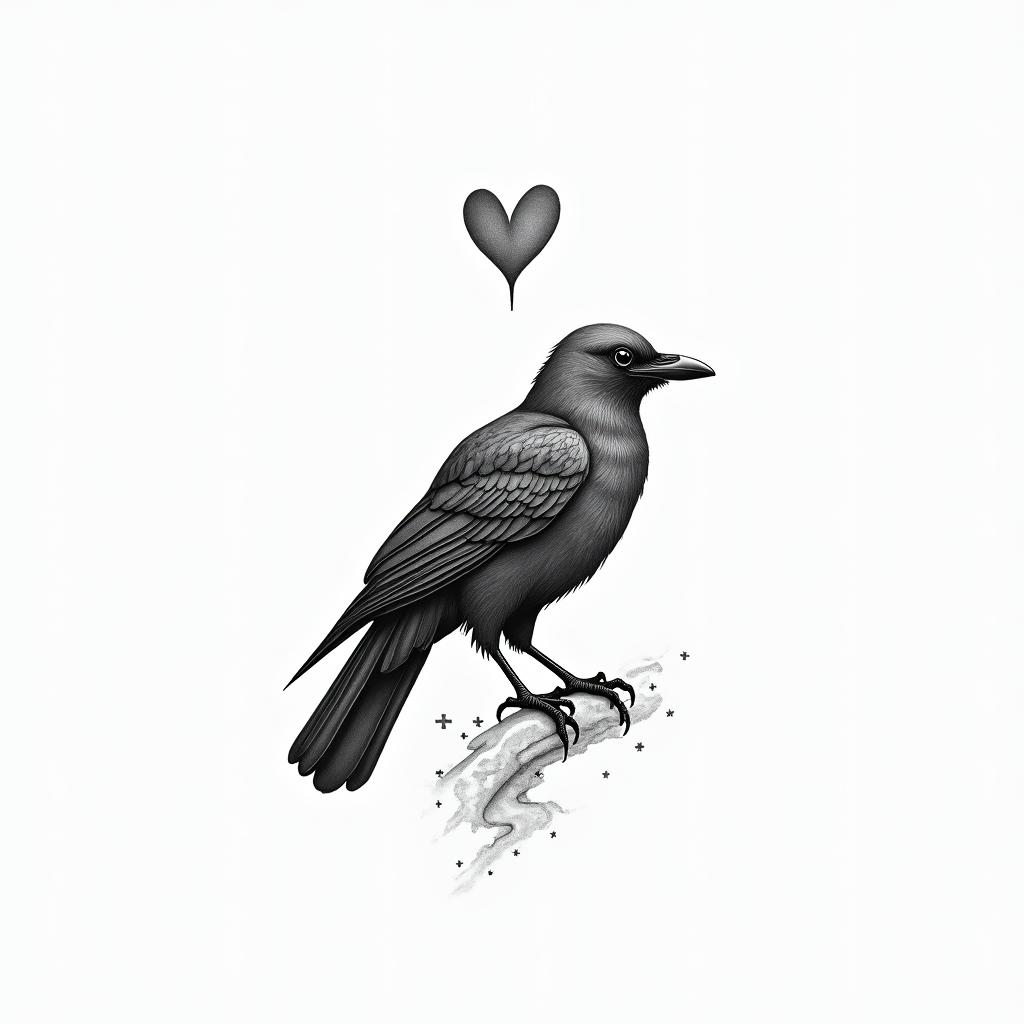 Crowin Modest style tattoo, featuring soft, delicate line work with simple and meaningful symbols, gentle waves, a heart, evoking a sense of serenity and grace, - Variation 2