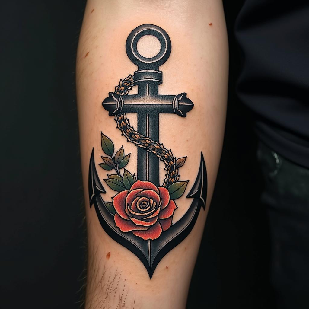 Anchor entwined with roses and thornsin authentic tattoo style, incorporating traditional modifications, bold black outlines, solid color fills, featuring classic authentic elements - Variation 2