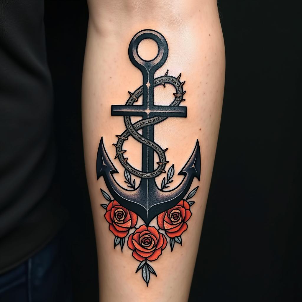 Anchor entwined with roses and thornsin authentic tattoo style, incorporating traditional modifications, bold black outlines, solid color fills, featuring classic authentic elements - Variation 3