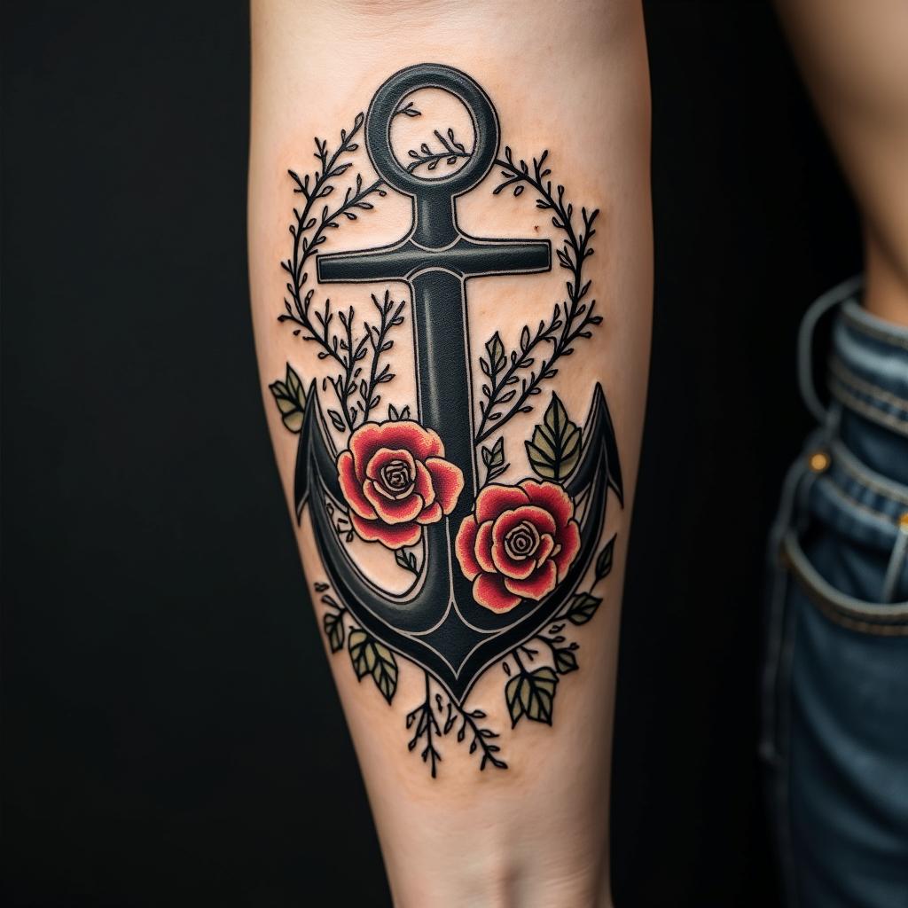 Anchor entwined with roses and thornsin authentic tattoo style, incorporating traditional modifications, bold black outlines, solid color fills, featuring classic authentic elements