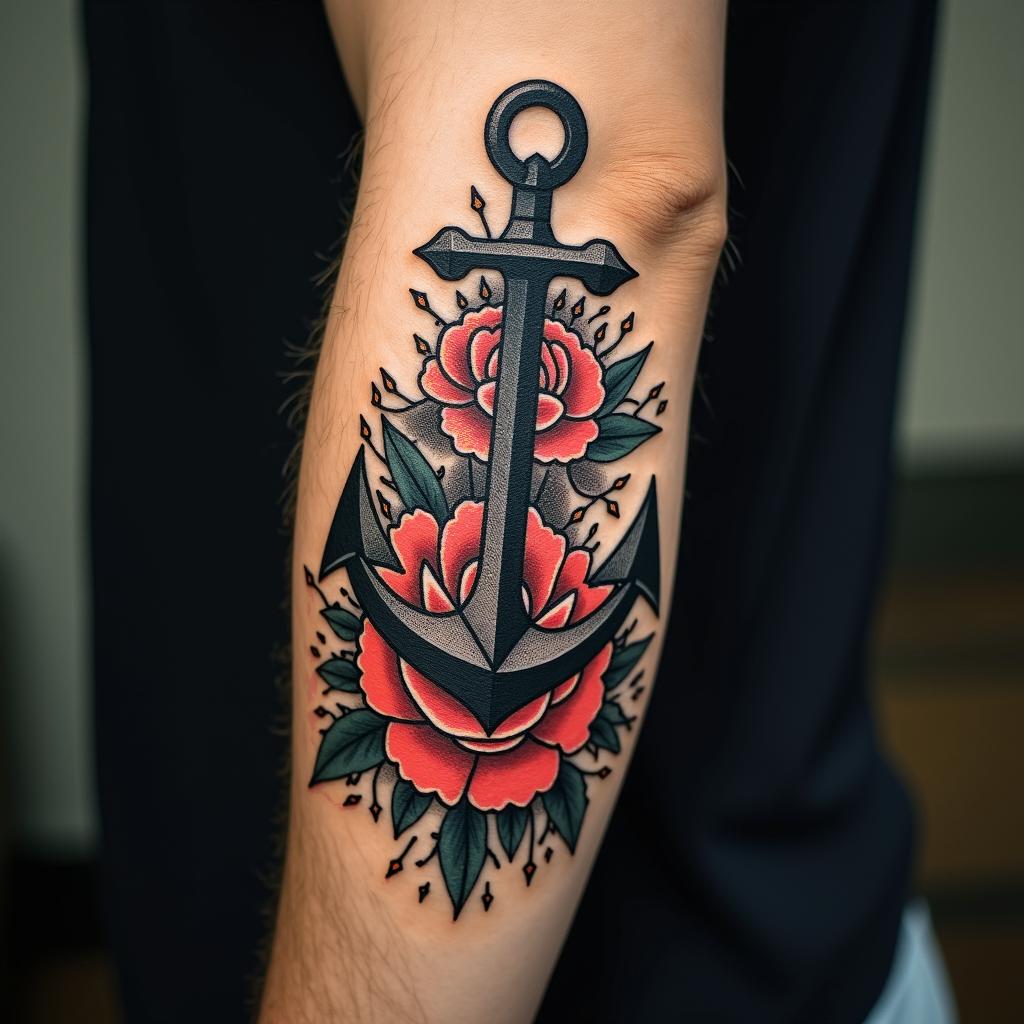 Anchor entwined with roses and thornsin authentic tattoo style, incorporating traditional modifications, bold black outlines, solid color fills, featuring classic authentic elements - Variation 4