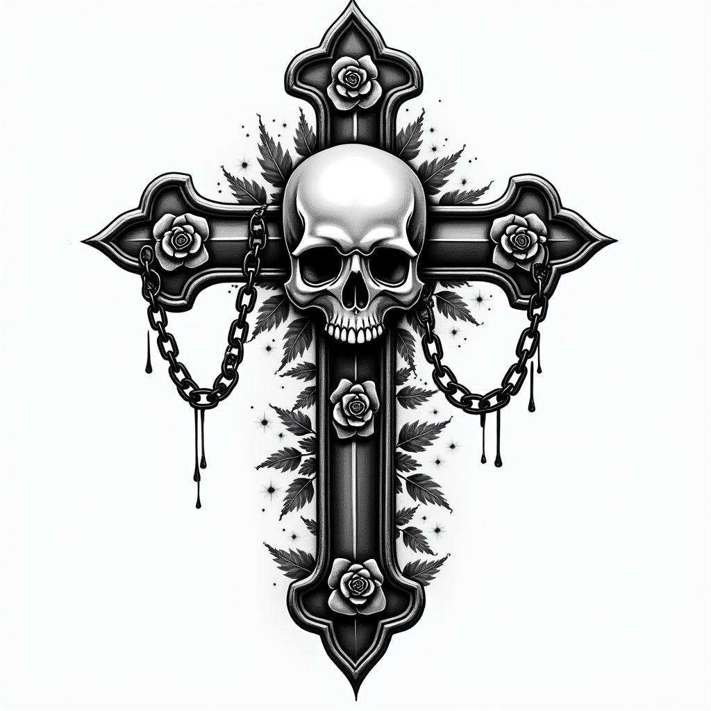 Take 5 oil changein chicano style tattoo, featuring intricate black and grey shading, bold elements of traditional chicano culture symbols, add a big cross with skull, chains and roses - Variation 2