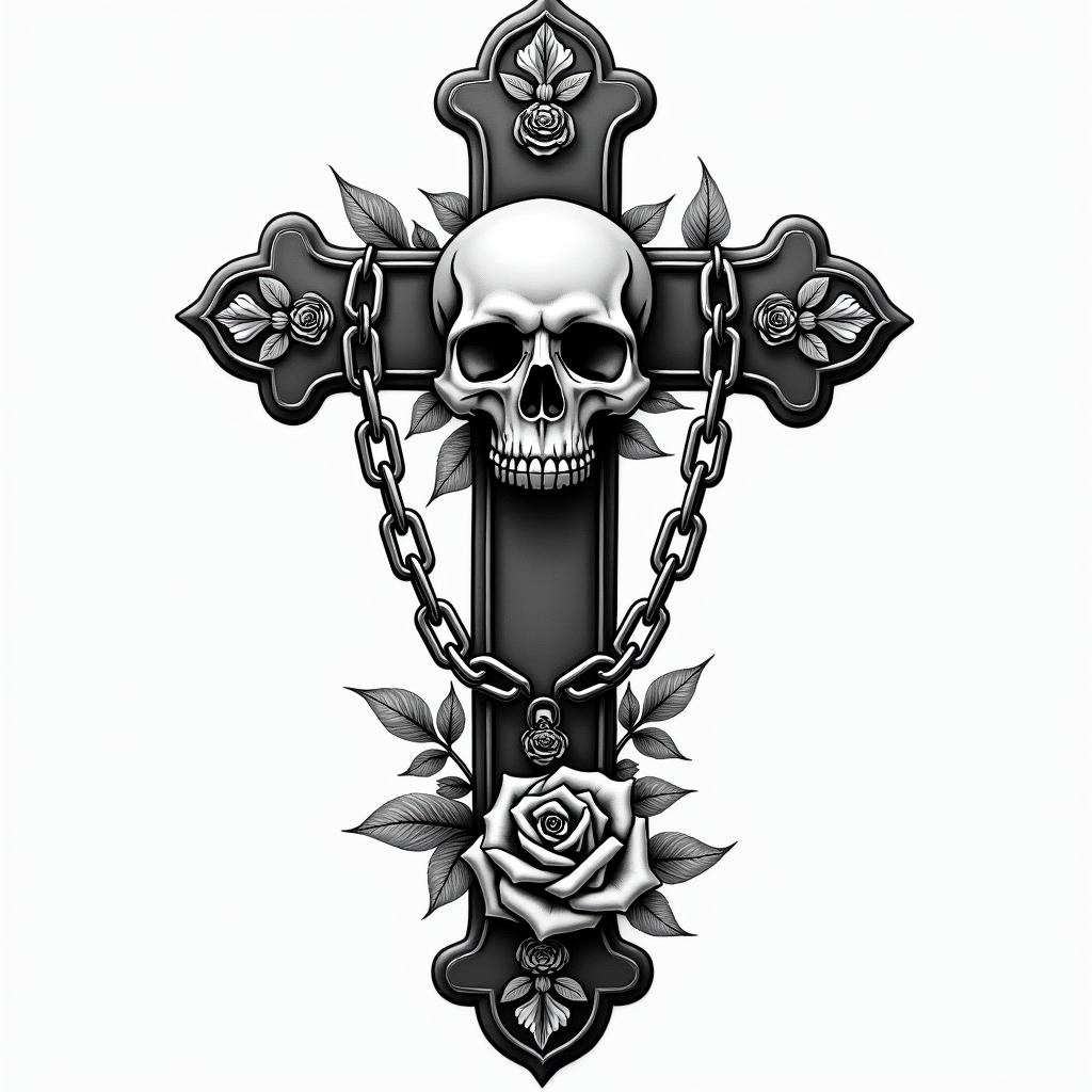 Take 5 oil changein chicano style tattoo, featuring intricate black and grey shading, bold elements of traditional chicano culture symbols, add a big cross with skull, chains and roses - Variation 4
