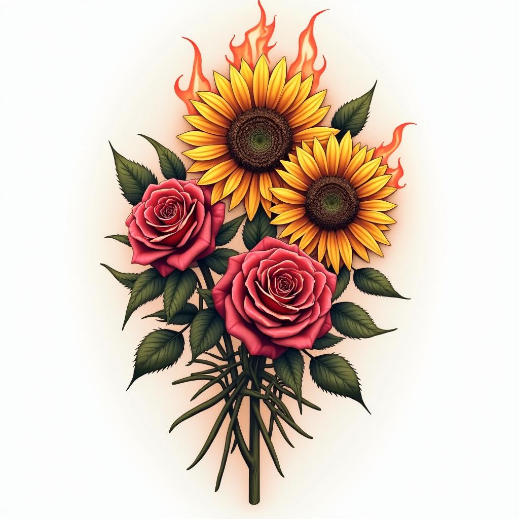 Roses, lillies, sunflowers time and crossesin flame tattoo style showcasing fiery elements with dynamic flame patterns, glowing effect of flames, natural colors - Variation 3