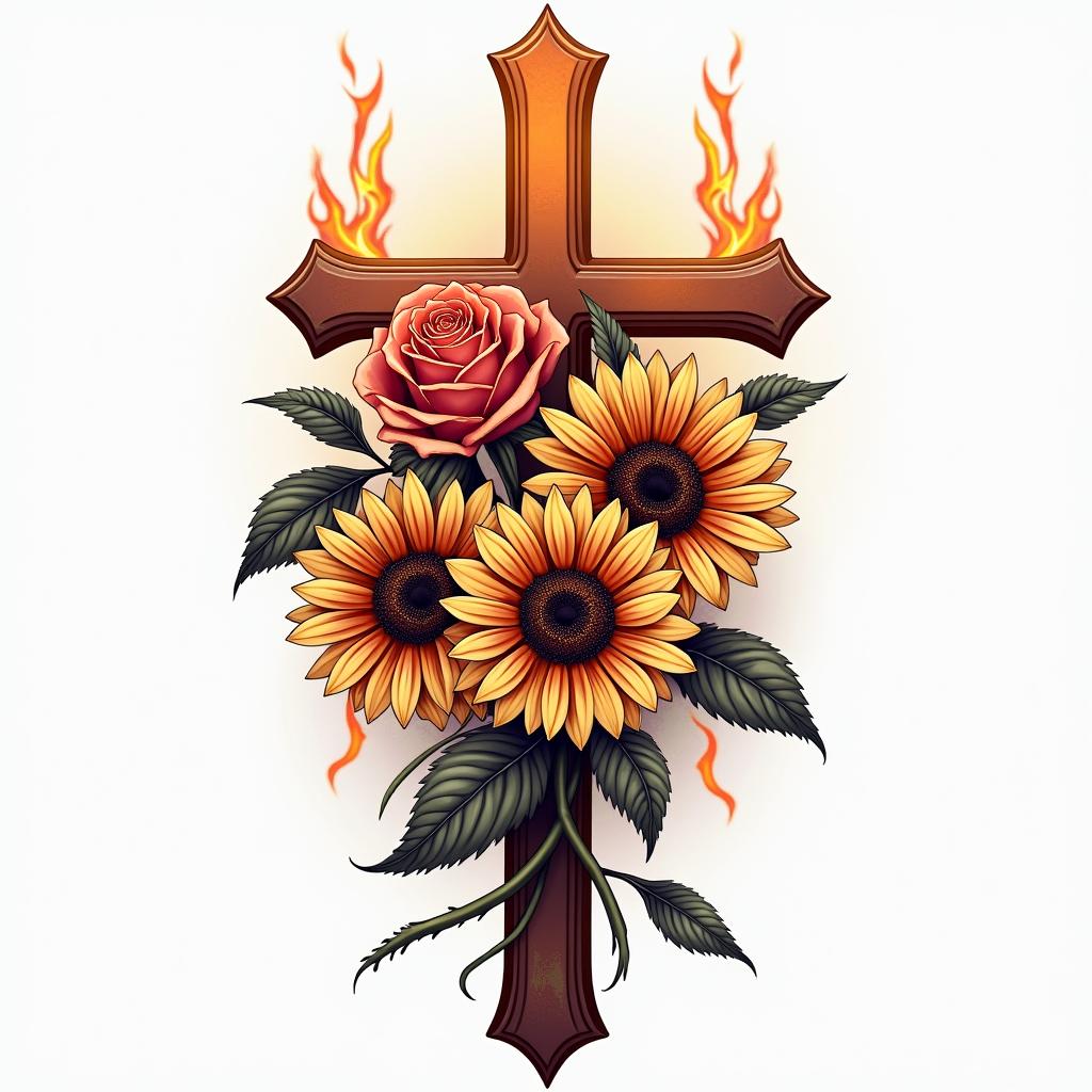 Roses, lillies, sunflowers time and crossesin flame tattoo style showcasing fiery elements with dynamic flame patterns, glowing effect of flames, natural colors - Variation 2