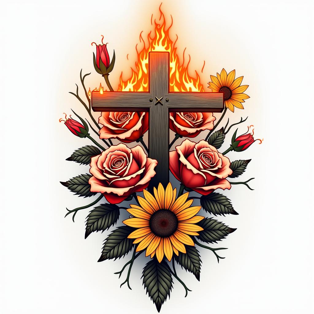 Roses, lillies, sunflowers time and crossesin flame tattoo style showcasing fiery elements with dynamic flame patterns, glowing effect of flames, natural colors - Variation 4