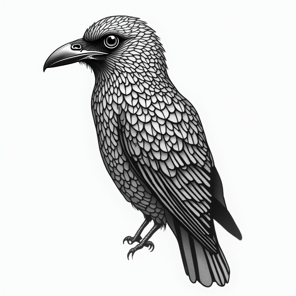 Crow in geometric style tattoo, blending hexagons, mandala-inspired patterns, symmetrical and fractal design, clean lines, sharp angles - Variation 1