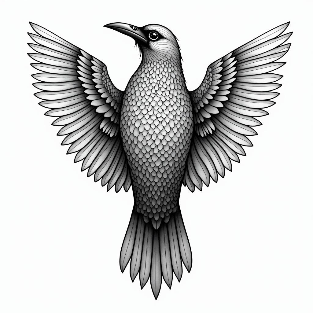 Crow in geometric style tattoo, blending hexagons, mandala-inspired patterns, symmetrical and fractal design, clean lines, sharp angles - Variation 3