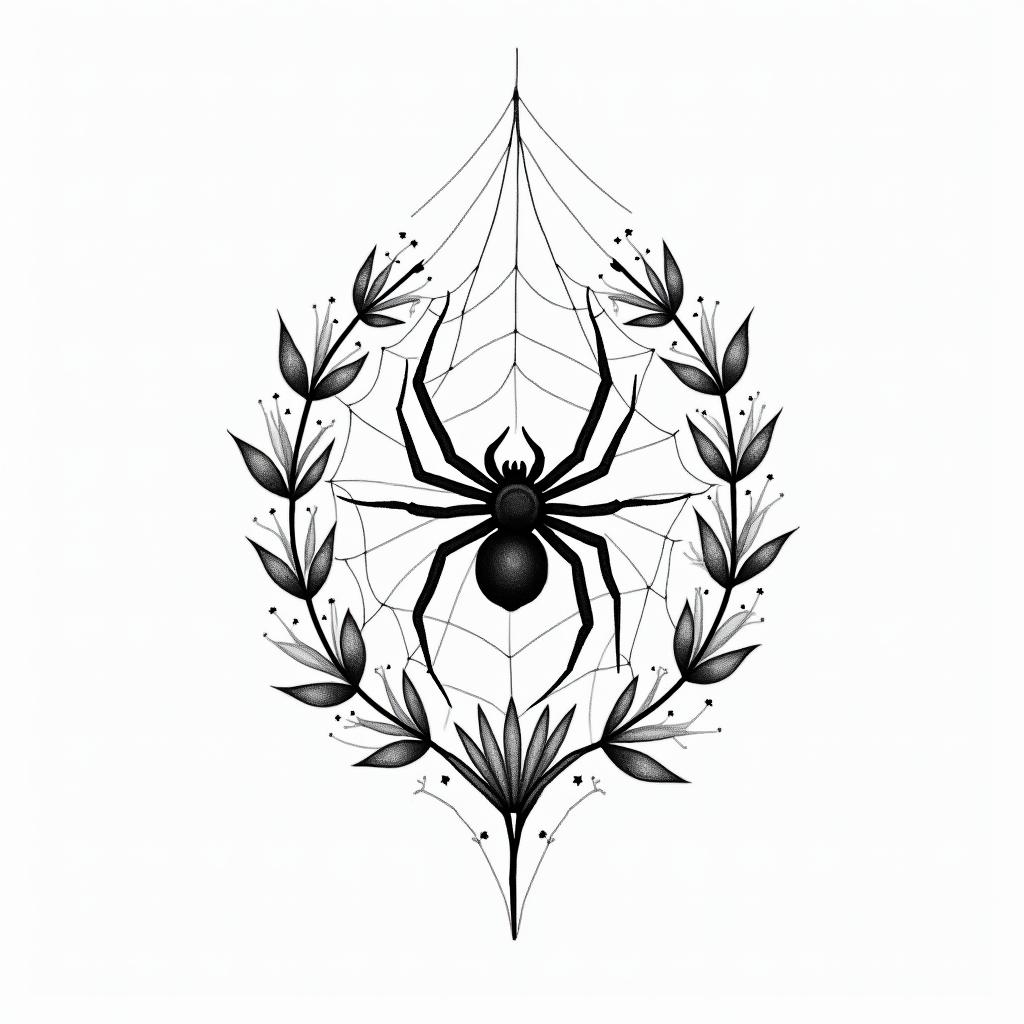 Spider on a web surrounded by flowers with stemin minimalist style tattoo, featuring simple shapes and fine lines, with minimal shading and details, tiny triangles, creating a sense of balance and harmony - Variation 7