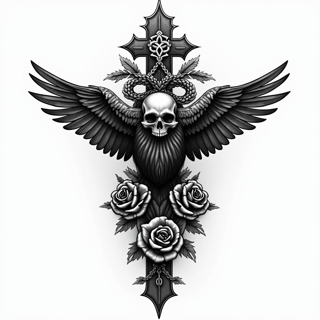 Crowin chicano style tattoo, featuring intricate black and grey shading, bold elements of traditional chicano culture symbols, add a big cross with skull, chains and roses - Variation 3