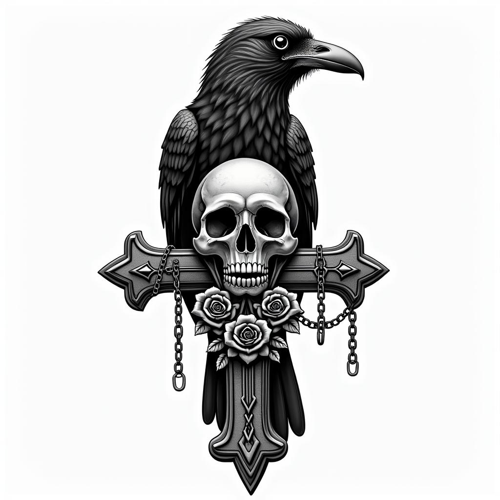 Crowin chicano style tattoo, featuring intricate black and grey shading, bold elements of traditional chicano culture symbols, add a big cross with skull, chains and roses