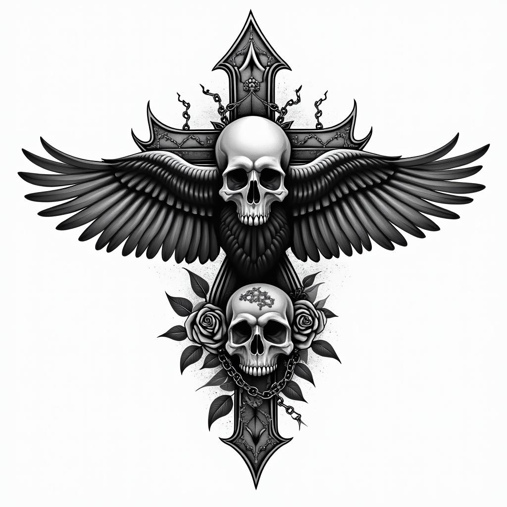 Crowin chicano style tattoo, featuring intricate black and grey shading, bold elements of traditional chicano culture symbols, add a big cross with skull, chains and roses - Variation 2