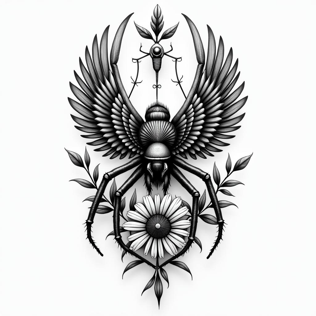 Spider on a web surrounded by flowers with stemin egyptian style tattoo, bold elements of ancient egyptian culture including a portrait of an Egyptian pharaoh with detailed facial features, in hieroglyphs and symbolic imagery, eye of horus, ankh symbol, scarab beetle - Variation 3