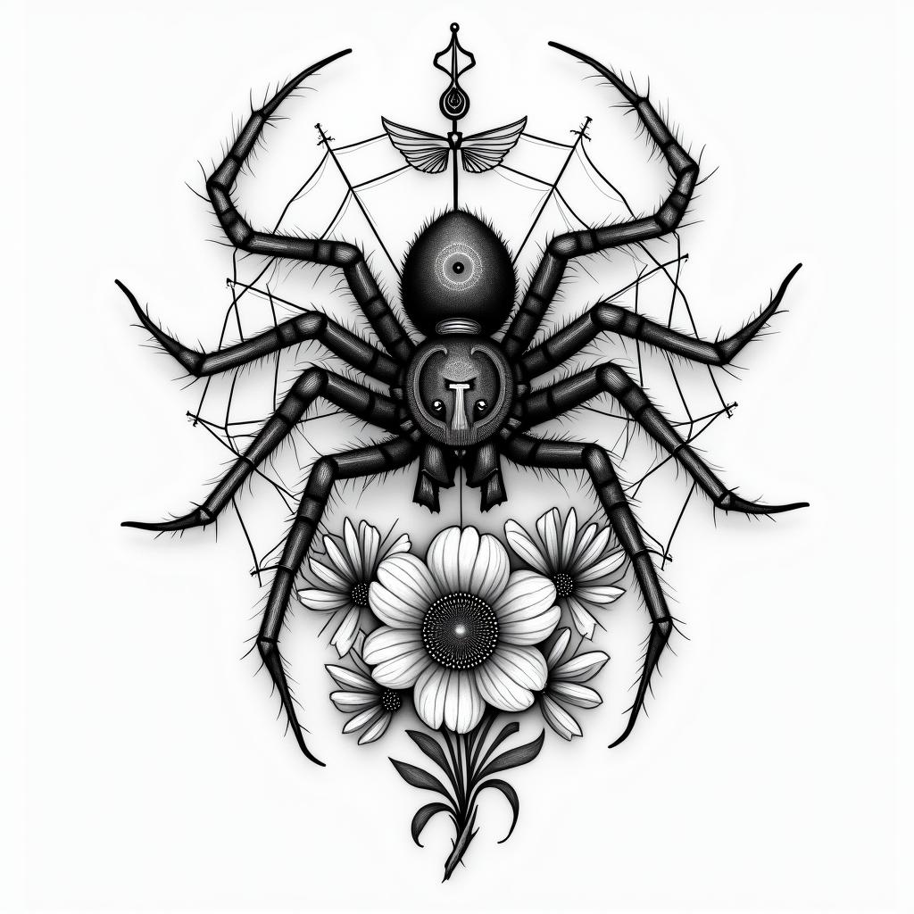 Spider on a web surrounded by flowers with stemin egyptian style tattoo, bold elements of ancient egyptian culture including a portrait of an Egyptian pharaoh with detailed facial features, in hieroglyphs and symbolic imagery, eye of horus, ankh symbol, scarab beetle
