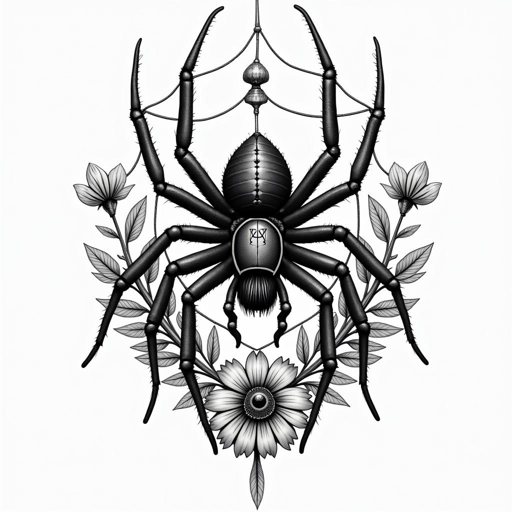 Spider on a web surrounded by flowers with stemin egyptian style tattoo, bold elements of ancient egyptian culture including a portrait of an Egyptian pharaoh with detailed facial features, in hieroglyphs and symbolic imagery, eye of horus, ankh symbol, scarab beetle - Variation 2