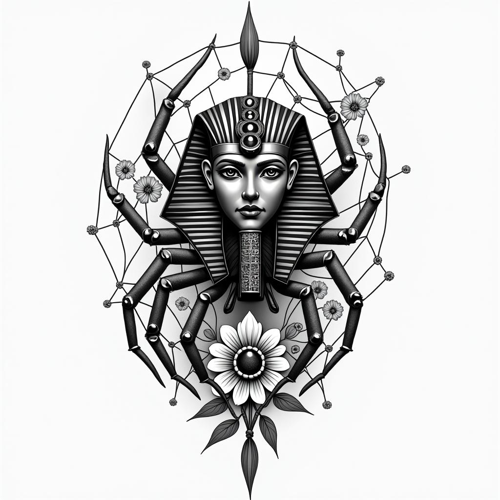 Spider on a web surrounded by flowers with stemin egyptian style tattoo, bold elements of ancient egyptian culture including a portrait of an Egyptian pharaoh with detailed facial features, in hieroglyphs and symbolic imagery, eye of horus, ankh symbol, scarab beetle - Variation 4