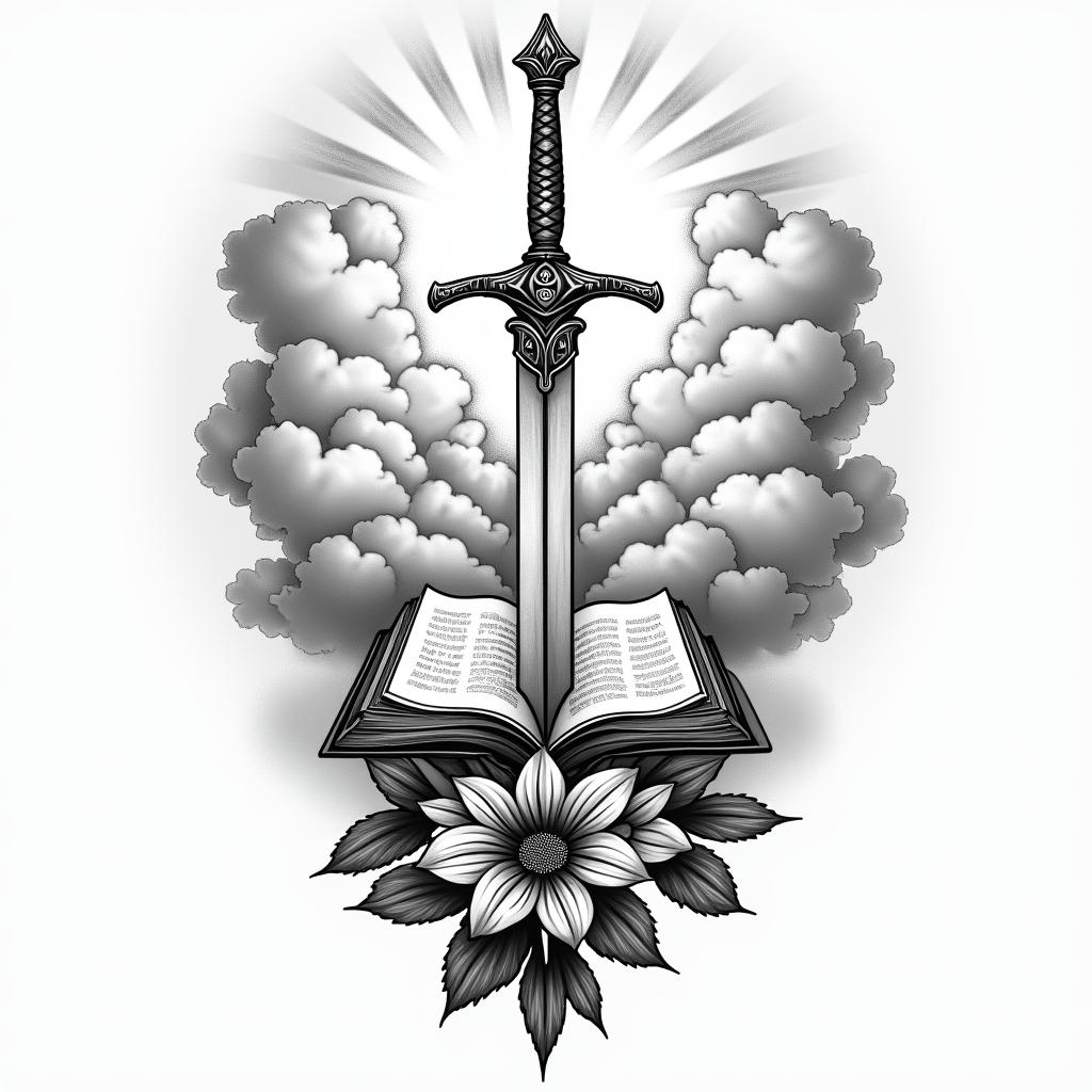 Clouds sunshine book sword flower heavenin authentic tattoo style, incorporating traditional modifications, bold black outlines, solid color fills, featuring classic authentic elements - Variation 4