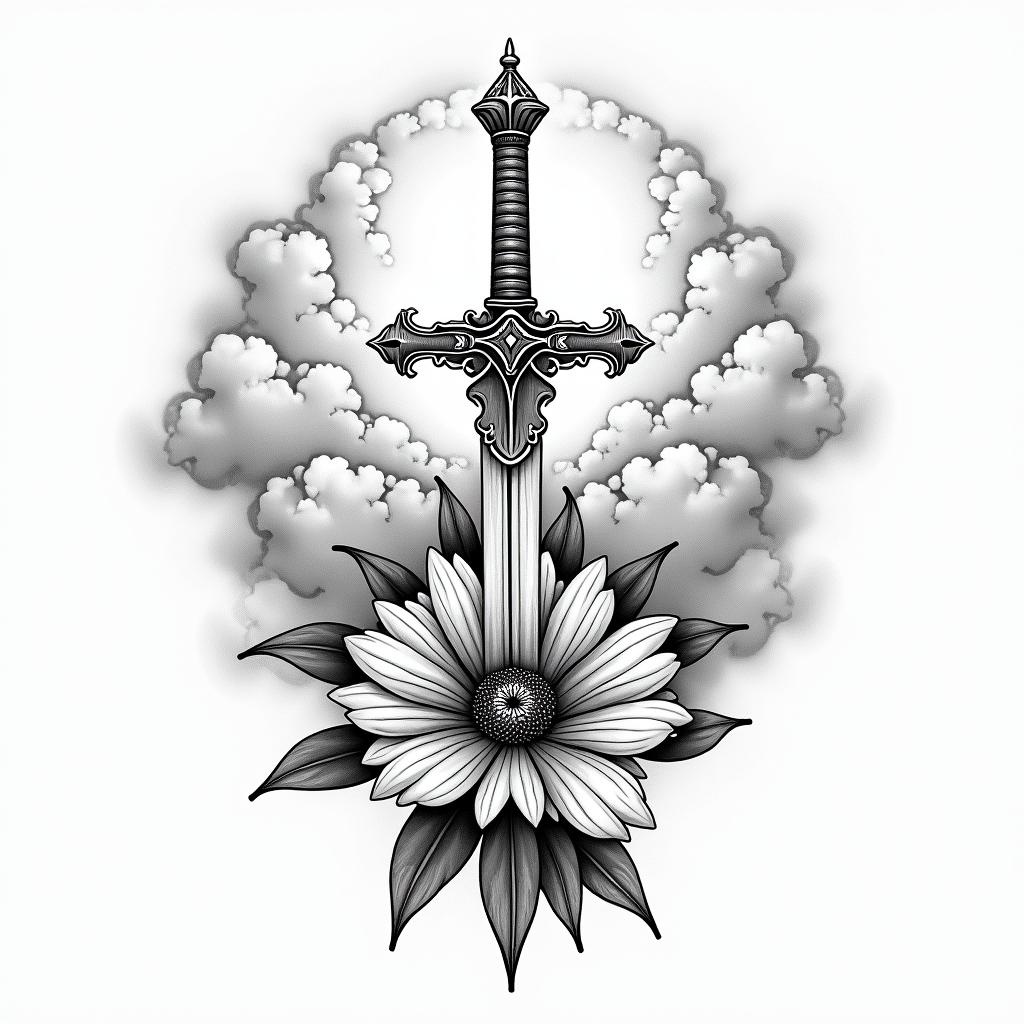 Clouds sunshine book sword flower heavenin authentic tattoo style, incorporating traditional modifications, bold black outlines, solid color fills, featuring classic authentic elements - Variation 2
