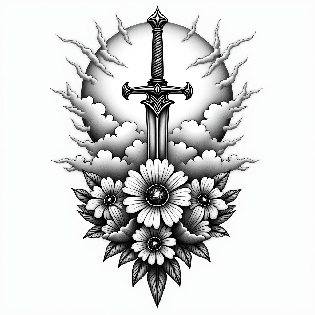 Clouds sunshine book sword flower heavenin authentic tattoo style, incorporating traditional modifications, bold black outlines, solid color fills, featuring classic authentic elements - Variation 3