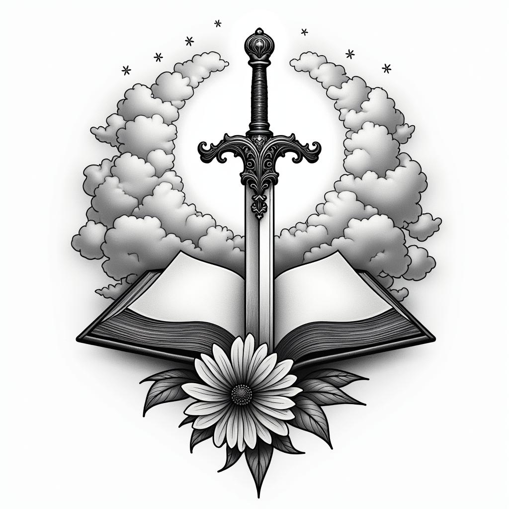 Clouds sunshine book sword flower heavenin authentic tattoo style, incorporating traditional modifications, bold black outlines, solid color fills, featuring classic authentic elements