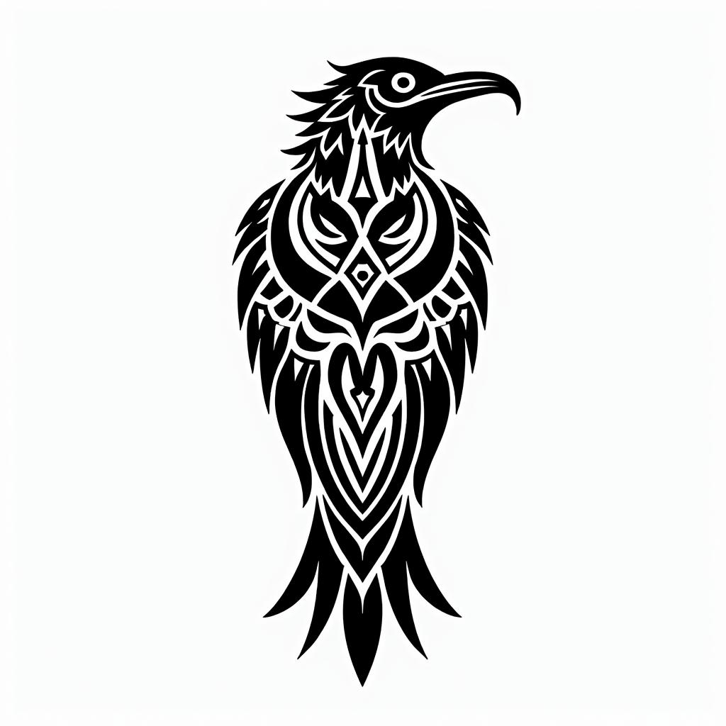 Crowin tribal tattoo style, featuring bold and black geometric shapes, curved lines, intertwine and flow seamlessly, creating a powerful and symbolic design, polynesian and maori styles - Variation 2
