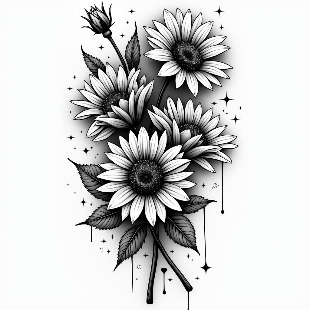 Roses and sunflowers in graffiti style tattoo, featuring bold and dynamic street art elements, spray-paint texture with exaggerated lines and expressive, chaotic brushstrokes, intricate lettering incorporated with graffiti tags, symbols like hearts, stars, and wings - Variation 3