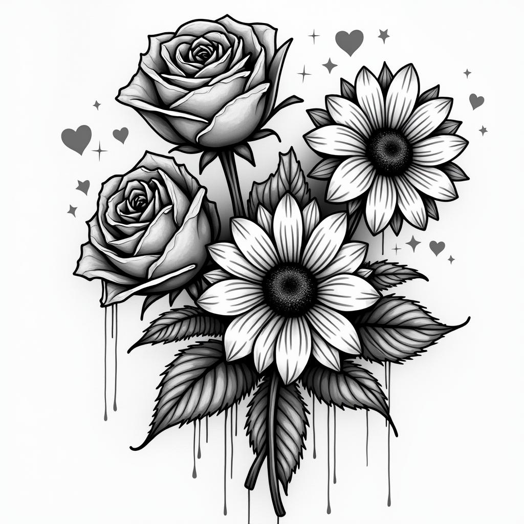 Roses and sunflowers in graffiti style tattoo, featuring bold and dynamic street art elements, spray-paint texture with exaggerated lines and expressive, chaotic brushstrokes, intricate lettering incorporated with graffiti tags, symbols like hearts, stars, and wings - Variation 2