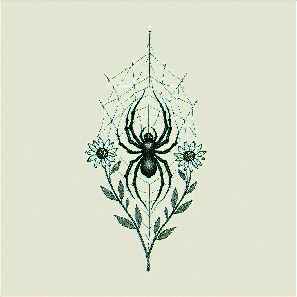 Spider on a web surrounded by flowers with stemin minimalist style tattoo, featuring simple shapes and fine lines, with minimal shading and details, tiny triangles, creating a sense of balance and harmony - Variation 2