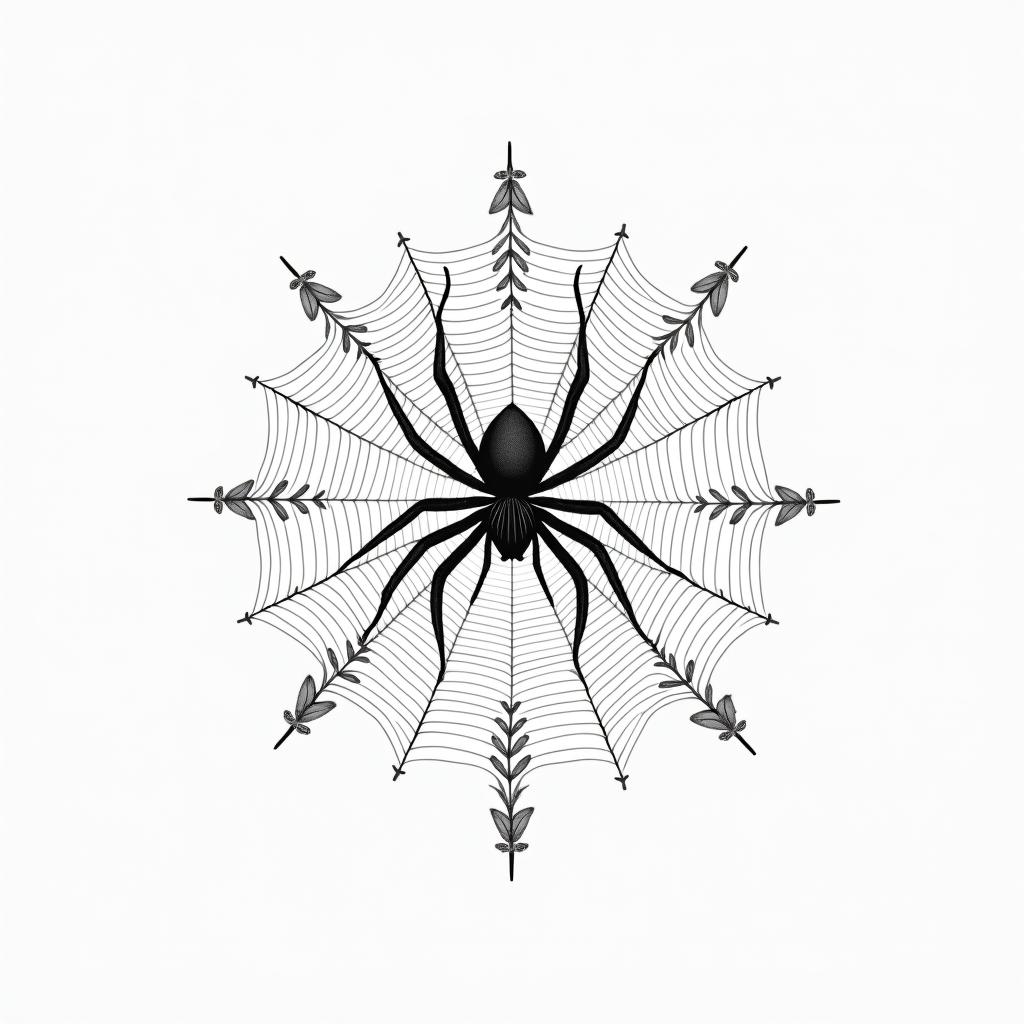 Spider on a web surrounded by flowers with stemin minimalist style tattoo, featuring simple shapes and fine lines, with minimal shading and details, tiny triangles, creating a sense of balance and harmony - Variation 3