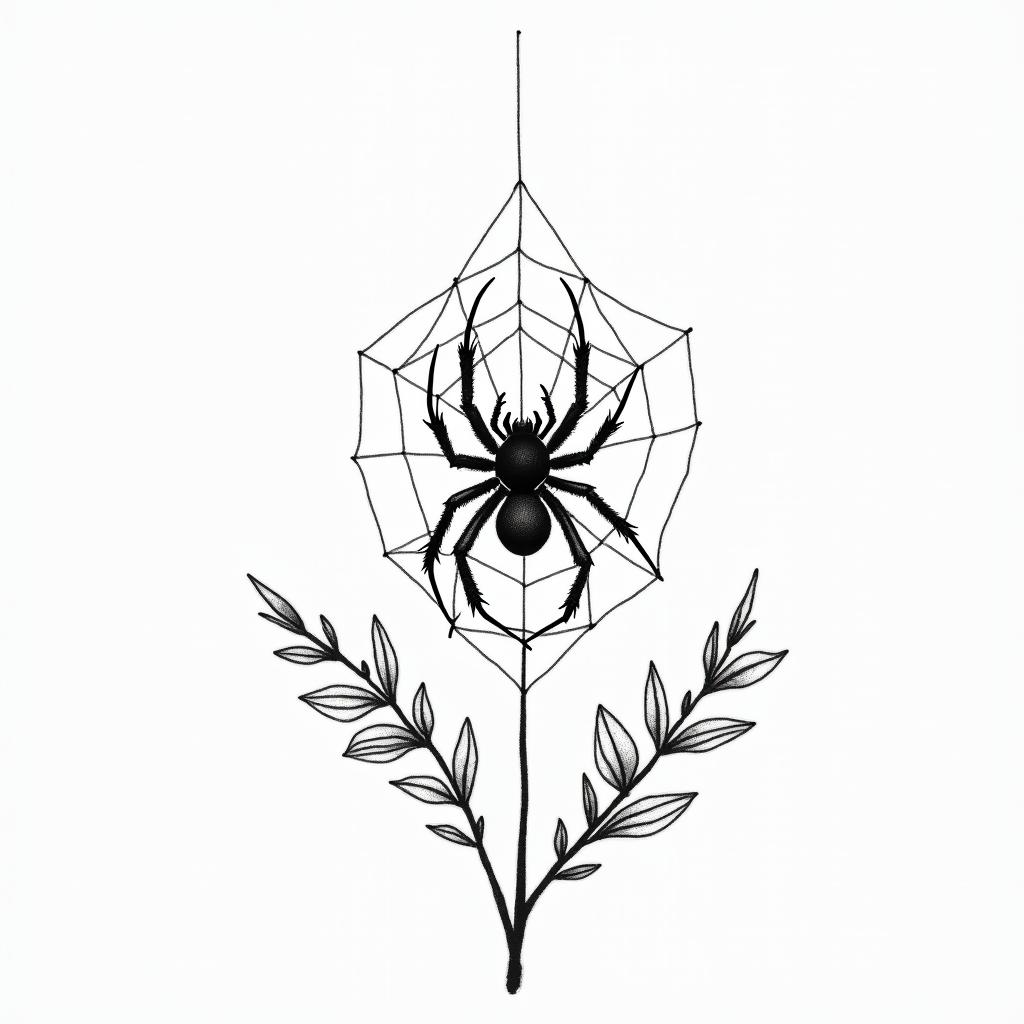 Spider on a web surrounded by flowers with stemin minimalist style tattoo, featuring simple shapes and fine lines, with minimal shading and details, tiny triangles, creating a sense of balance and harmony - Variation 4