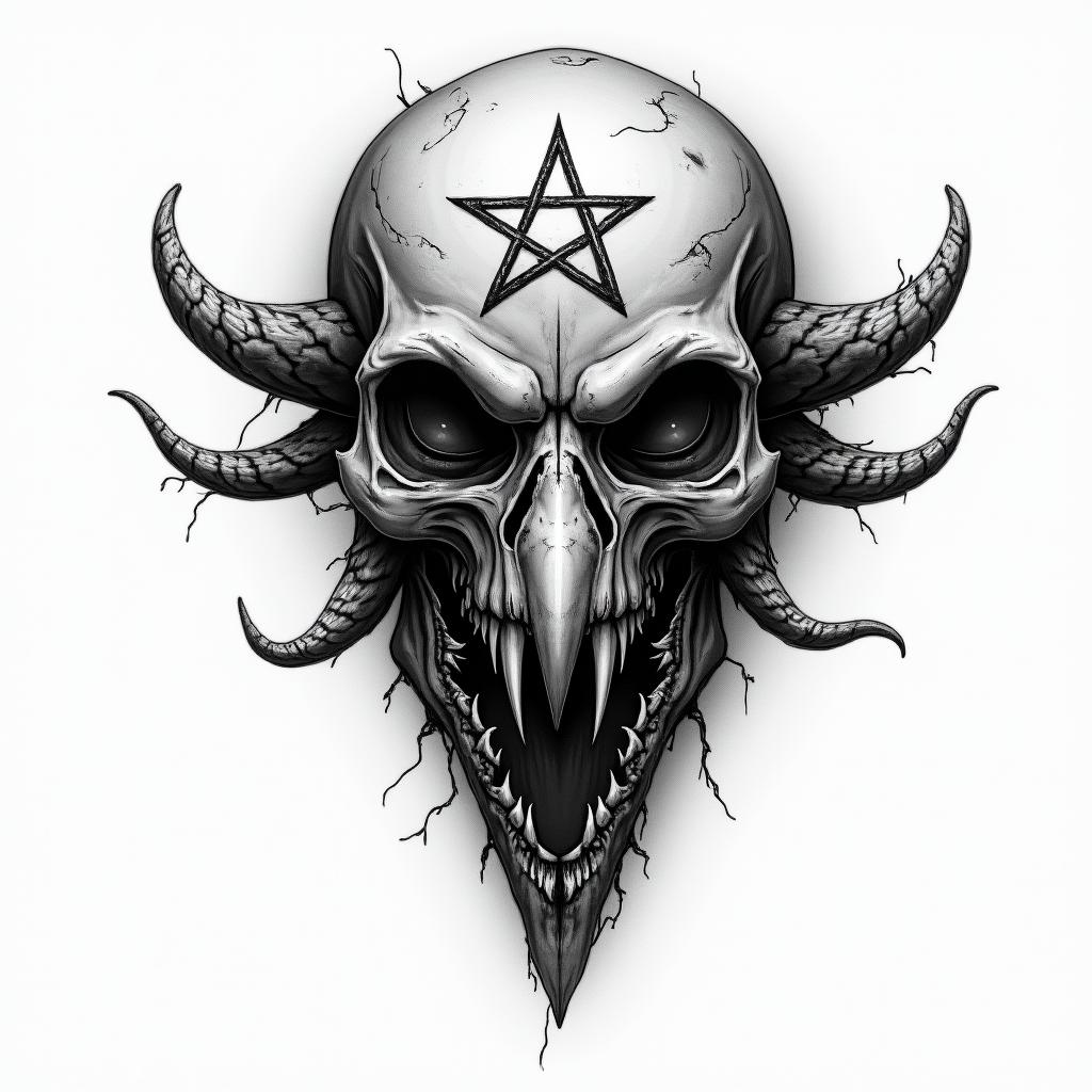 Crowcreepy horror tattoo style, featuring an eerie and unsettling skull of a demonic creature, distorted face with sharp fangs, add pentagram symbol - Variation 3