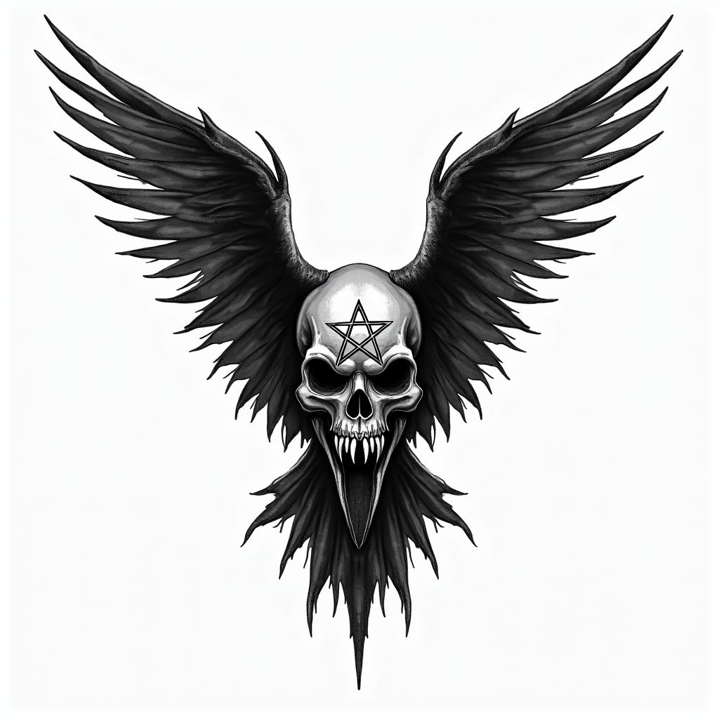 Crowcreepy horror tattoo style, featuring an eerie and unsettling skull of a demonic creature, distorted face with sharp fangs, add pentagram symbol - Variation 2