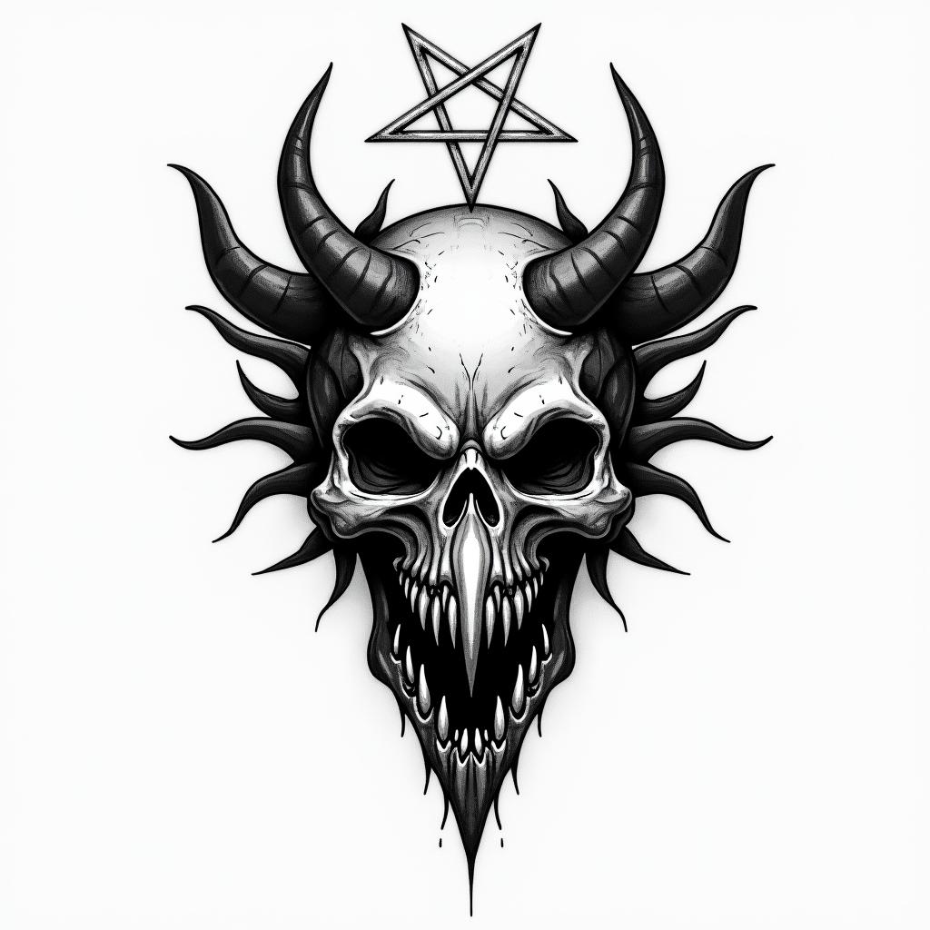 Crowcreepy horror tattoo style, featuring an eerie and unsettling skull of a demonic creature, distorted face with sharp fangs, add pentagram symbol