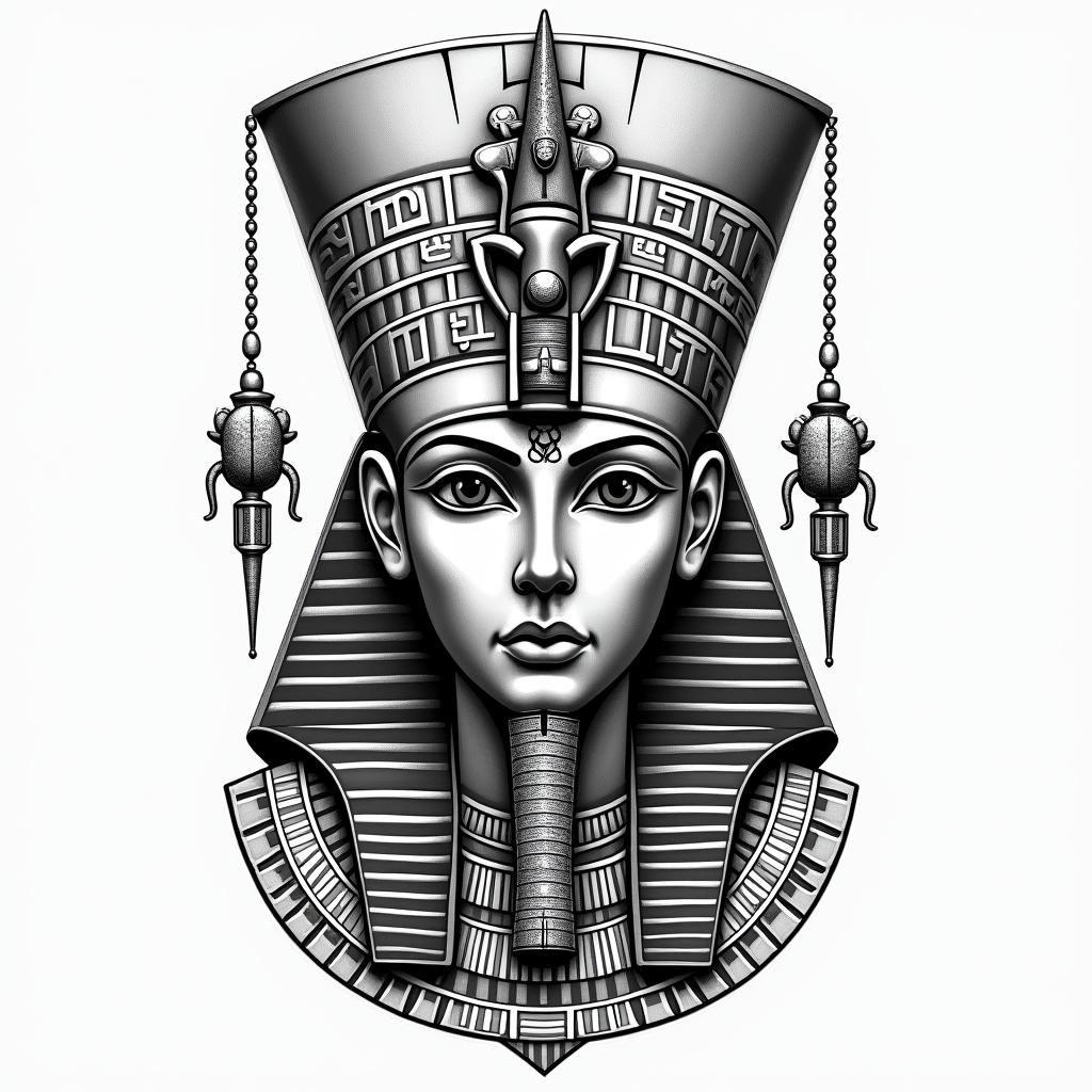 Family over everythingin egyptian style tattoo, bold elements of ancient egyptian culture including a portrait of an Egyptian pharaoh with detailed facial features, in hieroglyphs and symbolic imagery, eye of horus, ankh symbol, scarab beetle - Variation 2
