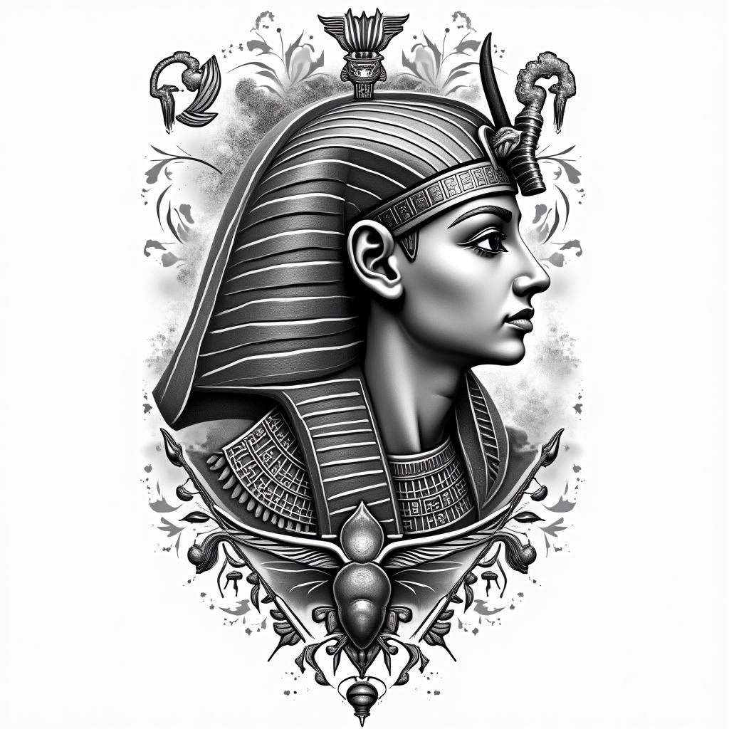 Family over everythingin egyptian style tattoo, bold elements of ancient egyptian culture including a portrait of an Egyptian pharaoh with detailed facial features, in hieroglyphs and symbolic imagery, eye of horus, ankh symbol, scarab beetle - Variation 3
