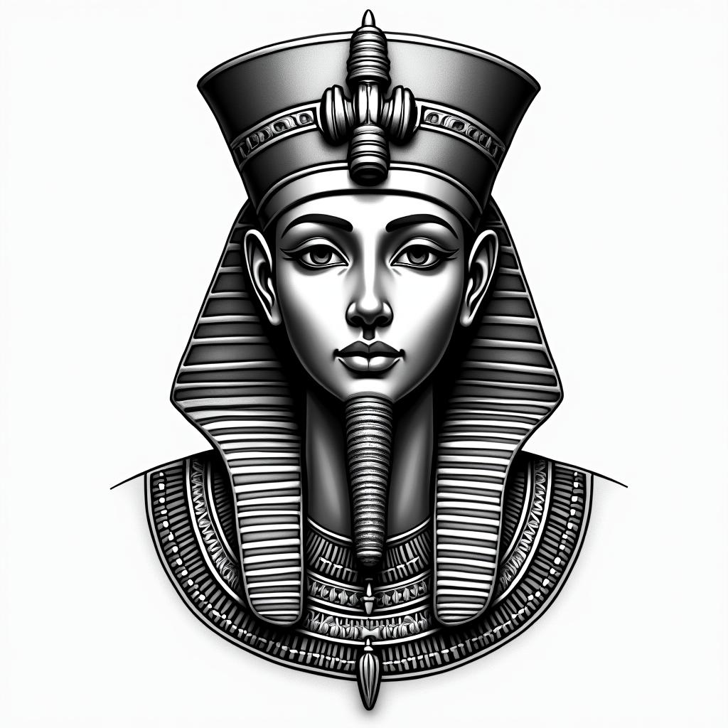 Family over everythingin egyptian style tattoo, bold elements of ancient egyptian culture including a portrait of an Egyptian pharaoh with detailed facial features, in hieroglyphs and symbolic imagery, eye of horus, ankh symbol, scarab beetle