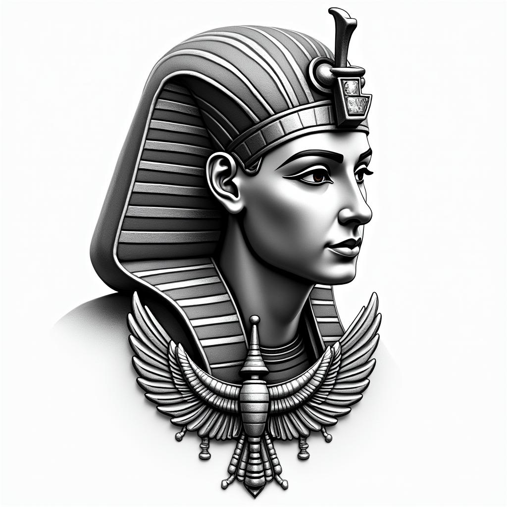 Family over everythingin egyptian style tattoo, bold elements of ancient egyptian culture including a portrait of an Egyptian pharaoh with detailed facial features, in hieroglyphs and symbolic imagery, eye of horus, ankh symbol, scarab beetle - Variation 4