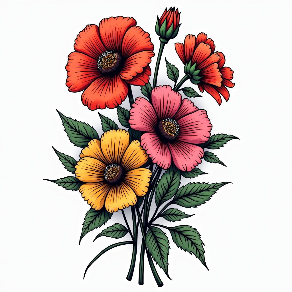 Flowersin pop art style tattoo, featuring bold and vibrant colors, exaggerated outlines, iconic imagery, inspired by comic books and speech bubbles, comic book characters, retro pop culture - Variation 3