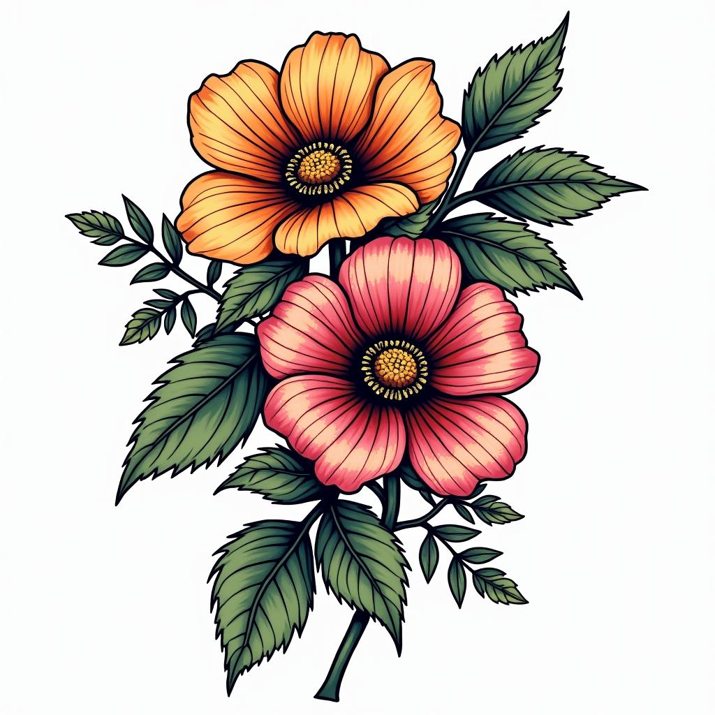 Flowersin pop art style tattoo, featuring bold and vibrant colors, exaggerated outlines, iconic imagery, inspired by comic books and speech bubbles, comic book characters, retro pop culture