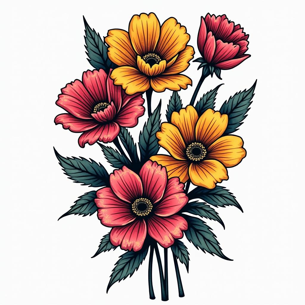 Flowersin pop art style tattoo, featuring bold and vibrant colors, exaggerated outlines, iconic imagery, inspired by comic books and speech bubbles, comic book characters, retro pop culture - Variation 4
