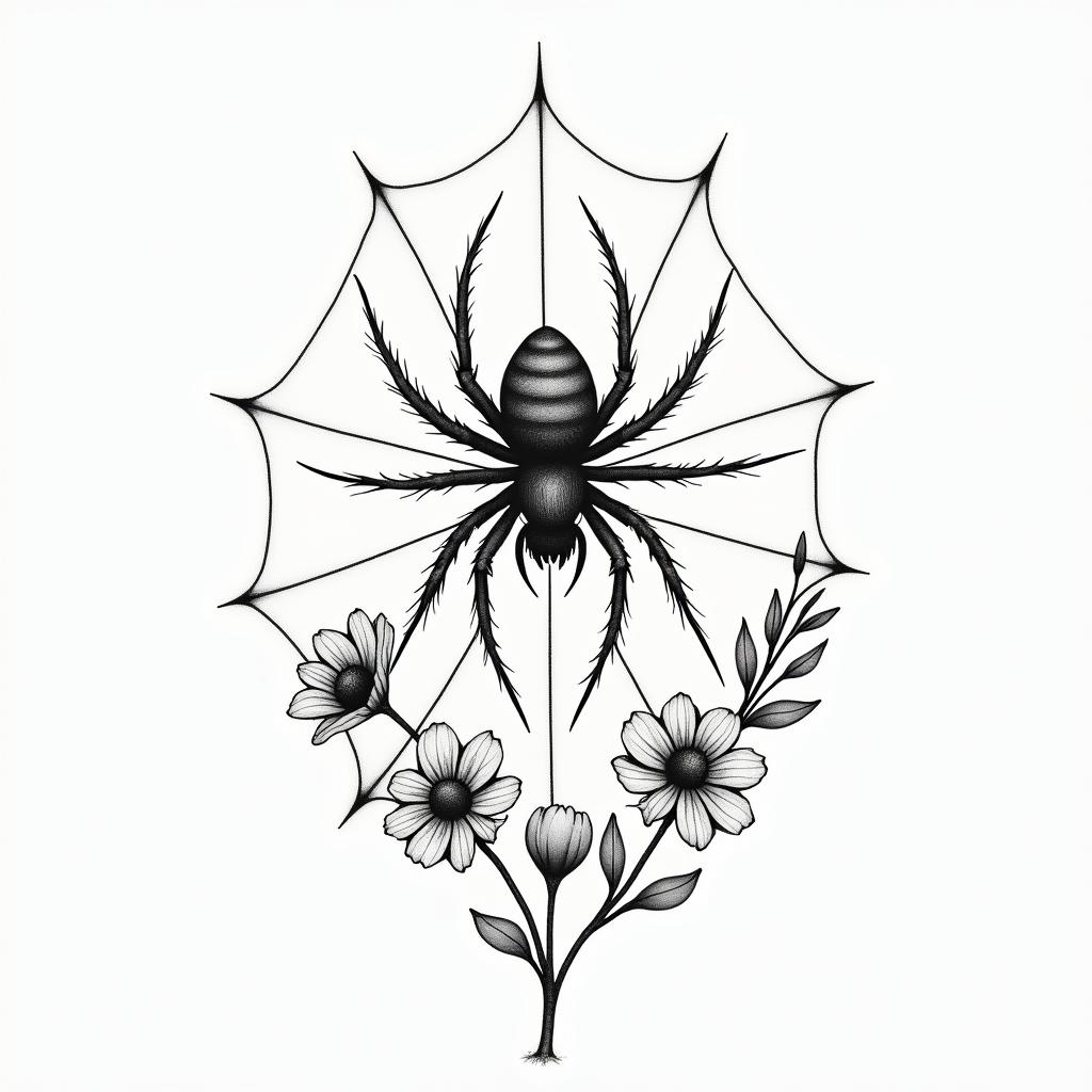 Spider on a web surrounded by flowers with stemin Modest style tattoo, featuring soft, delicate line work with simple and meaningful symbols, gentle waves, a heart, evoking a sense of serenity and grace, - Variation 6