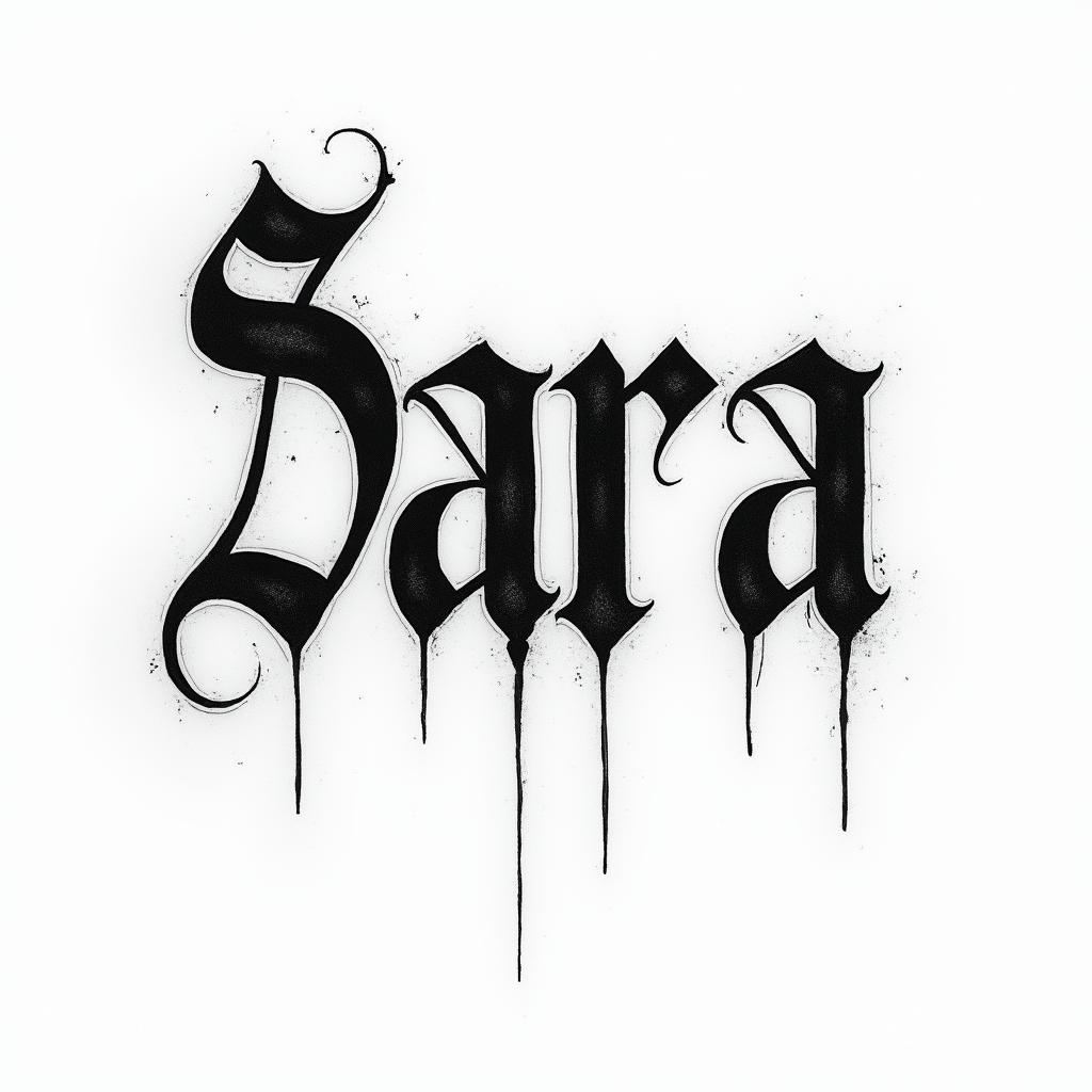SARAtext-based tattoo, gothic font ultra-realistic, perfectly placed, high-quality font design, photo-realistic shading, 8k, high quality, finely detailed typography