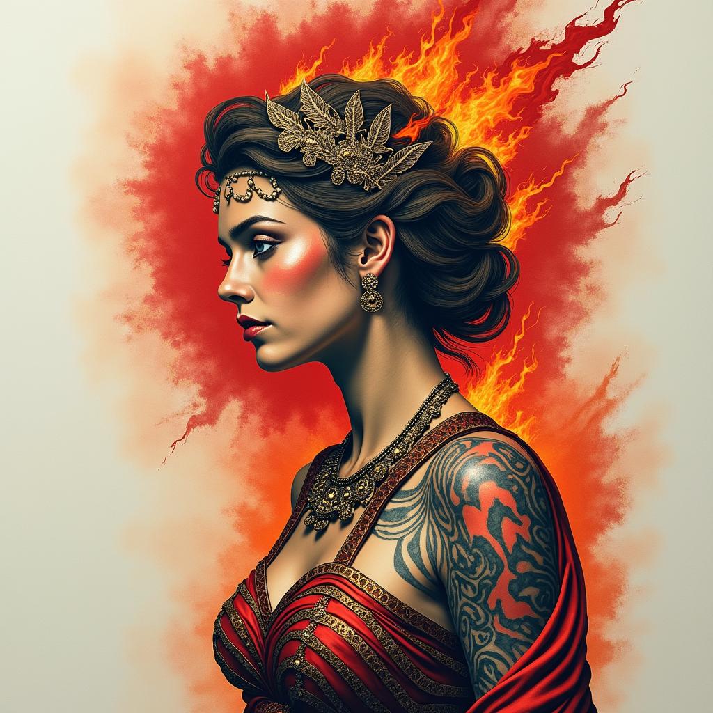 Athena, the goddess of war, firehigly detailed tattoo - Variation 64