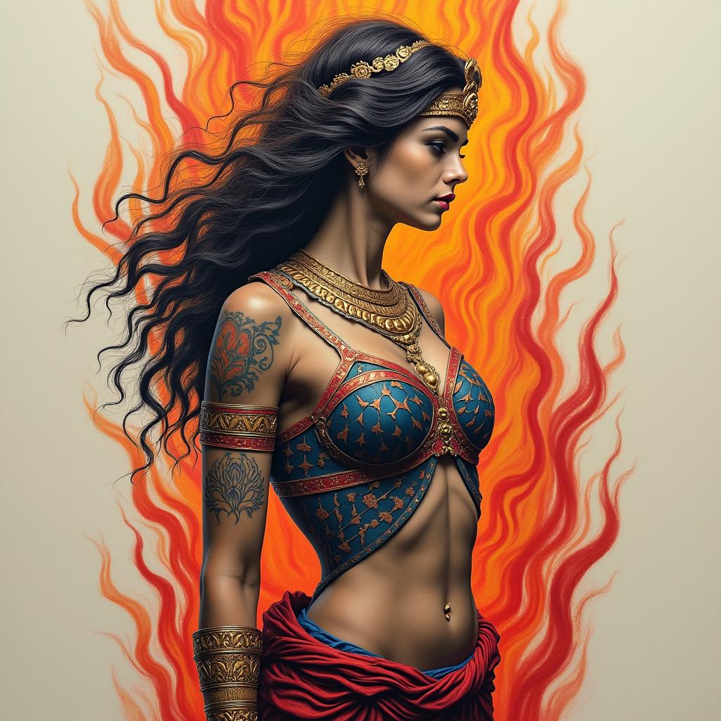 Athena, the goddess of war, firehigly detailed tattoo - Variation 65