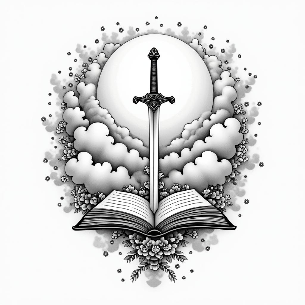 Clouds sunshine book sword flower heavenin japanese style tattoo, detailed tattoo, traditional japanese culture tattoo, mythology, 8k - Variation 2