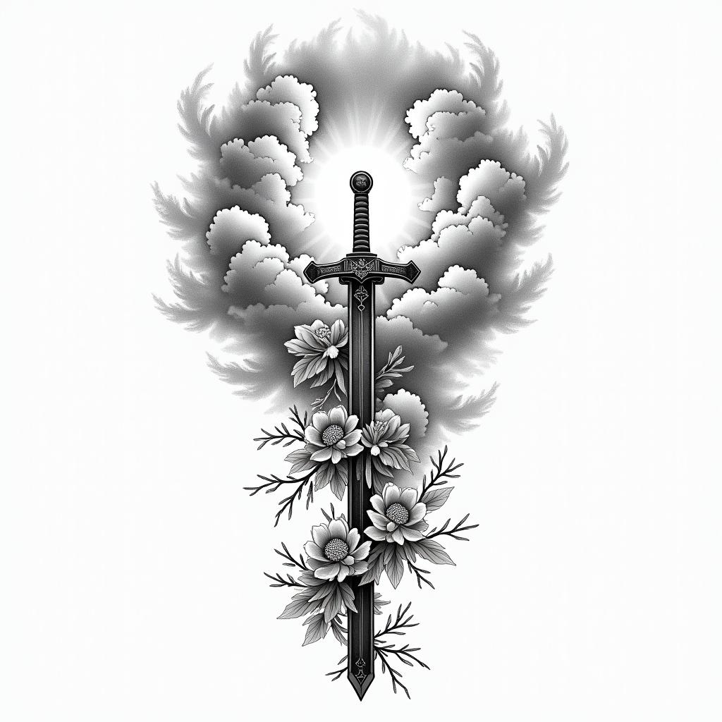 Clouds sunshine book sword flower heavenin japanese style tattoo, detailed tattoo, traditional japanese culture tattoo, mythology, 8k